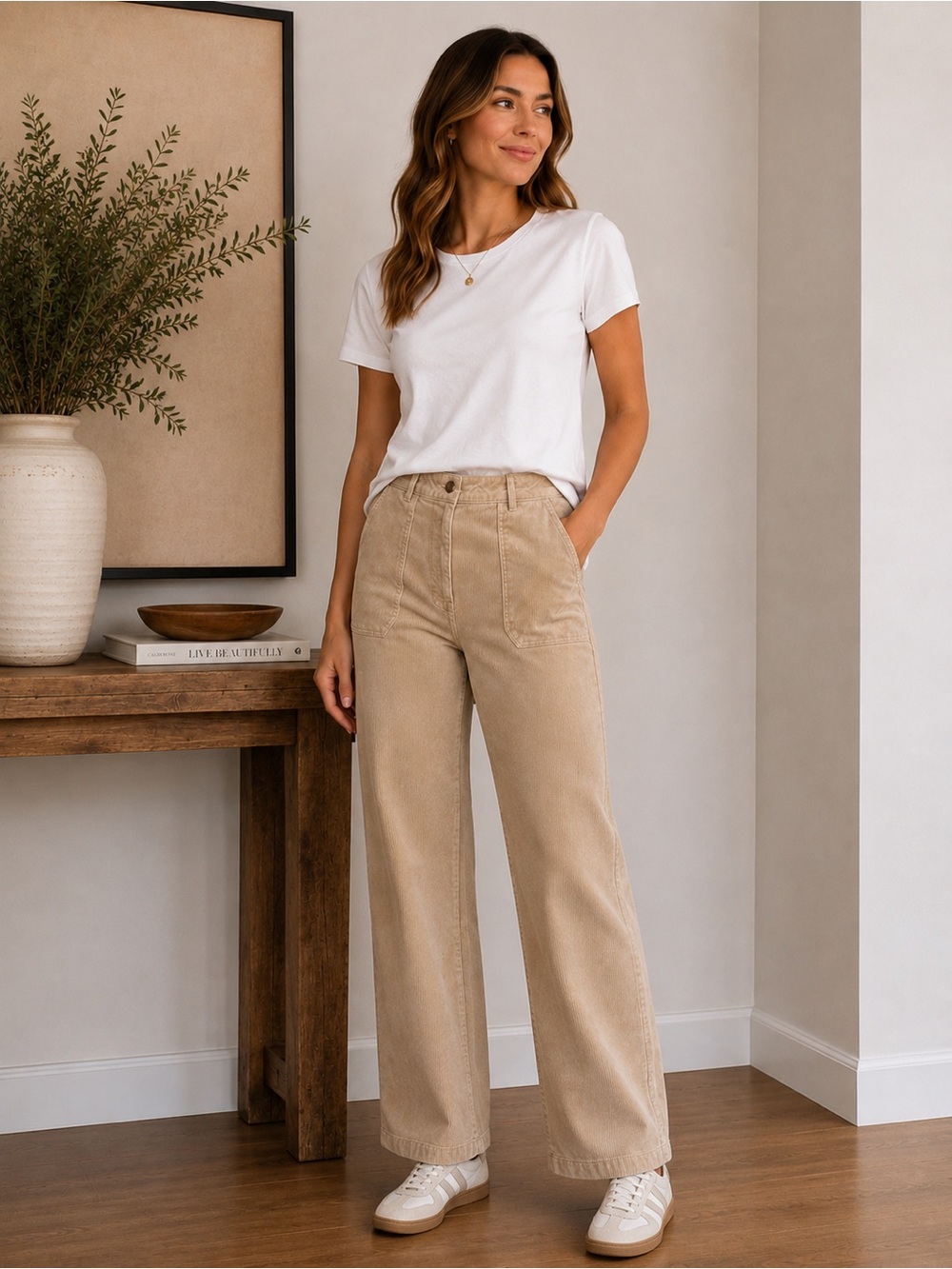 Wide Leg Corduroy Pants | High Rise Neutral Beige | Size Large Boho Retro Earth